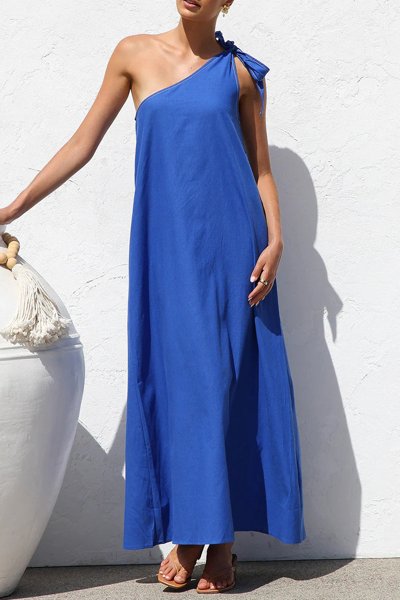 Casual Solid Color Lace Up Sloping Shoulder Irregular Dresses