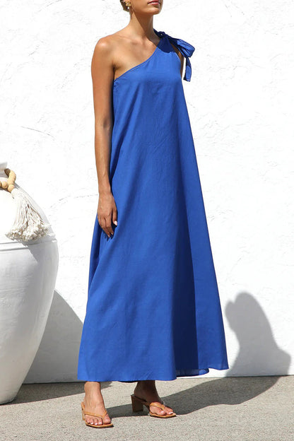 Casual Solid Color Lace Up Sloping Shoulder Irregular Dresses