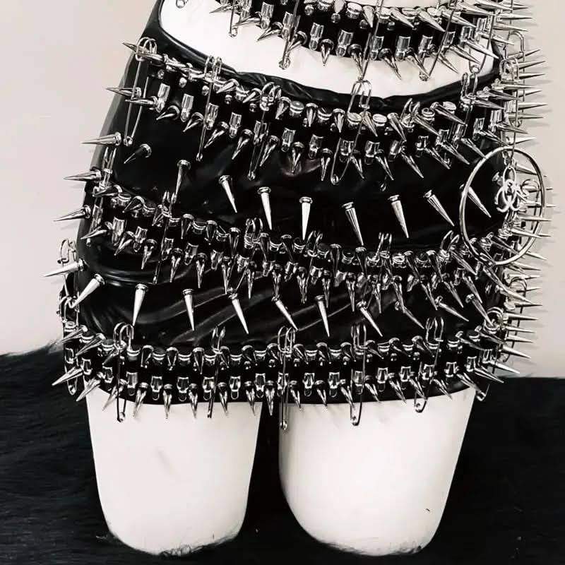 O ring rivet applique cross front belt mini skirt set