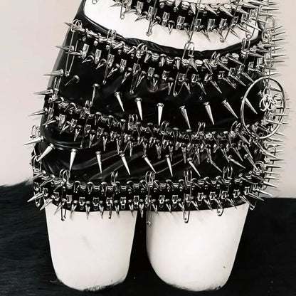 O ring rivet applique cross front belt mini skirt set