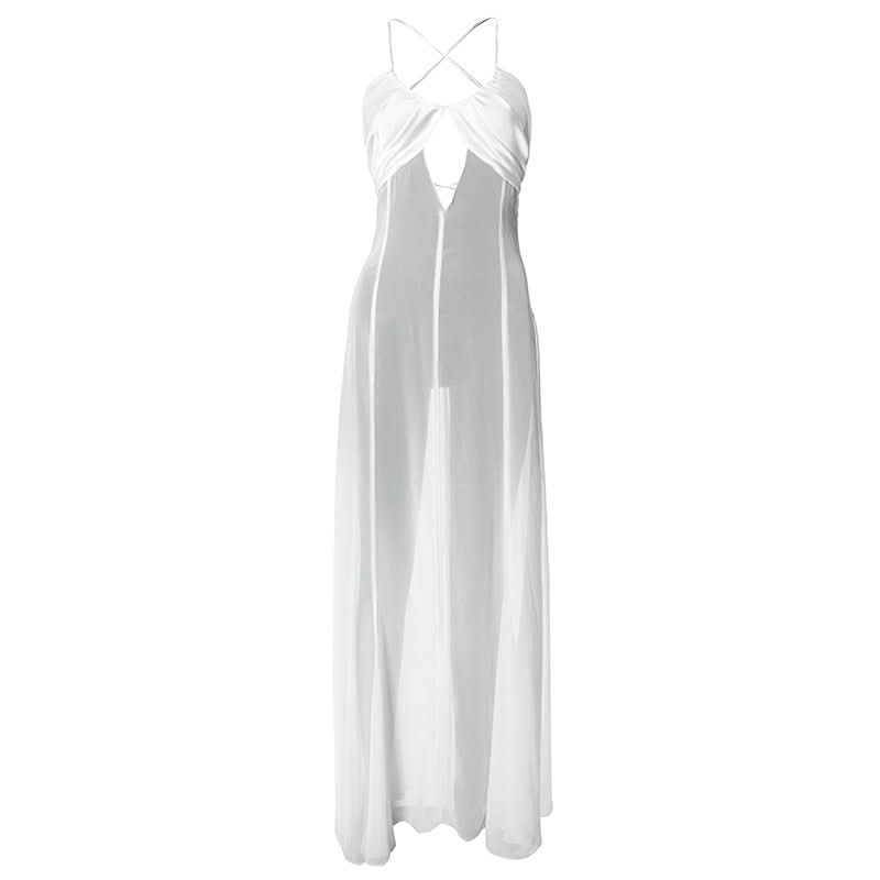 Cross back hollow out chiffon spaghetti strap cut out maxi dress