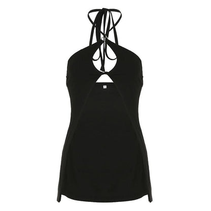 Hollow out halter self tie slit solid cut out top