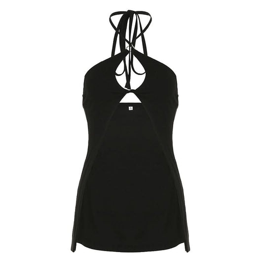 Hollow out halter self tie slit solid cut out top