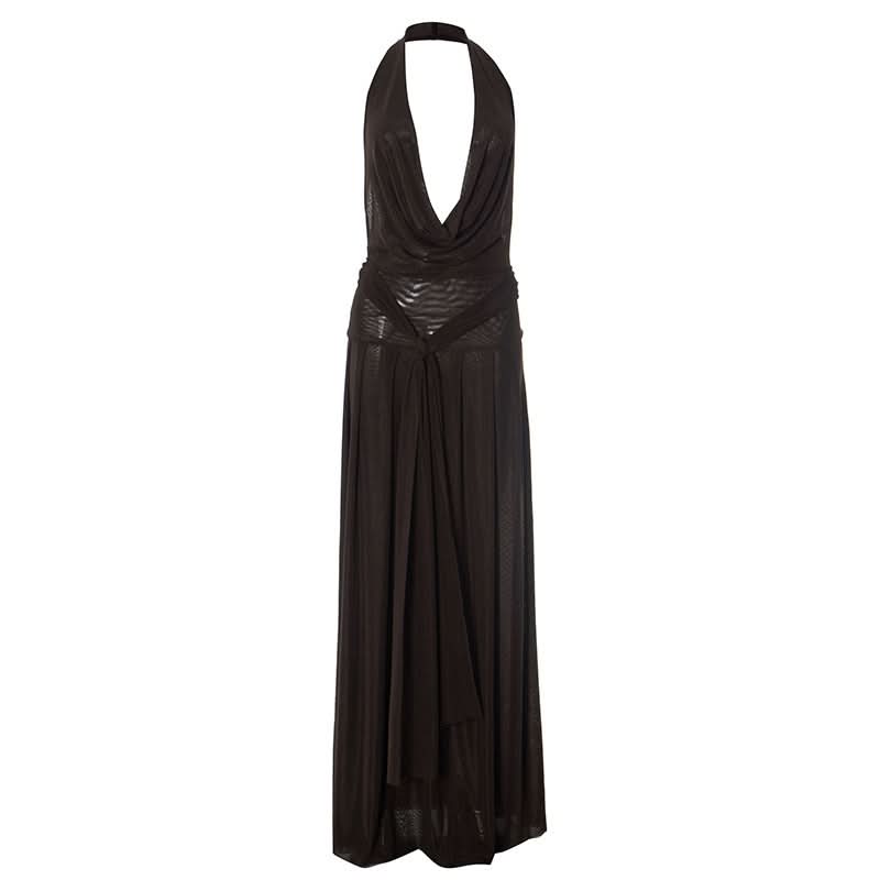 Halter cowl neck mesh pleated backless maxi dress