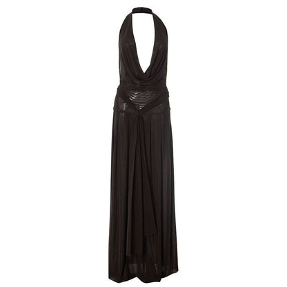 Halter cowl neck mesh pleated backless maxi dress