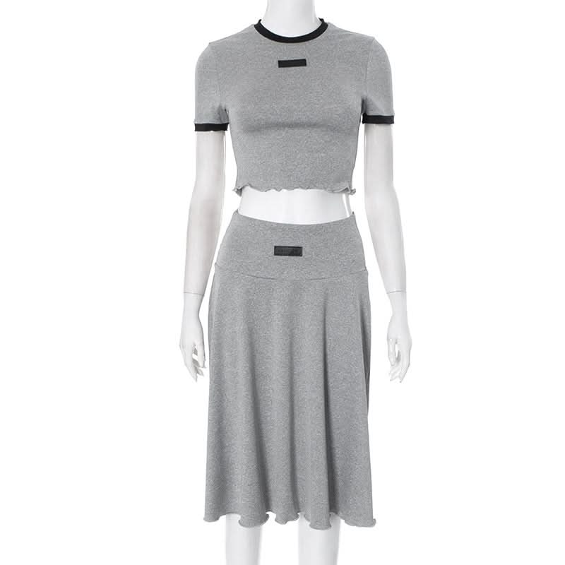 Crewneck short sleeve ruffle contrast midi skirt set