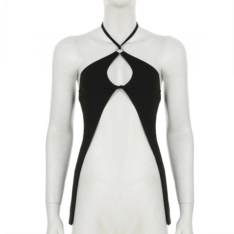 Hollow out halter self tie slit solid cut out top