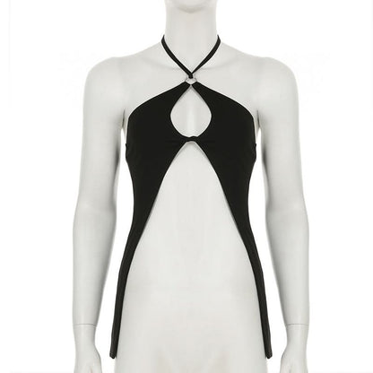 Hollow out halter self tie slit solid cut out top
