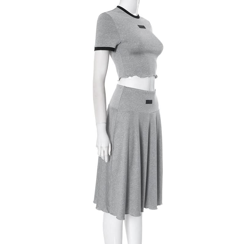 Crewneck short sleeve ruffle contrast midi skirt set