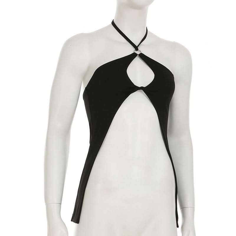 Hollow out halter self tie slit solid cut out top