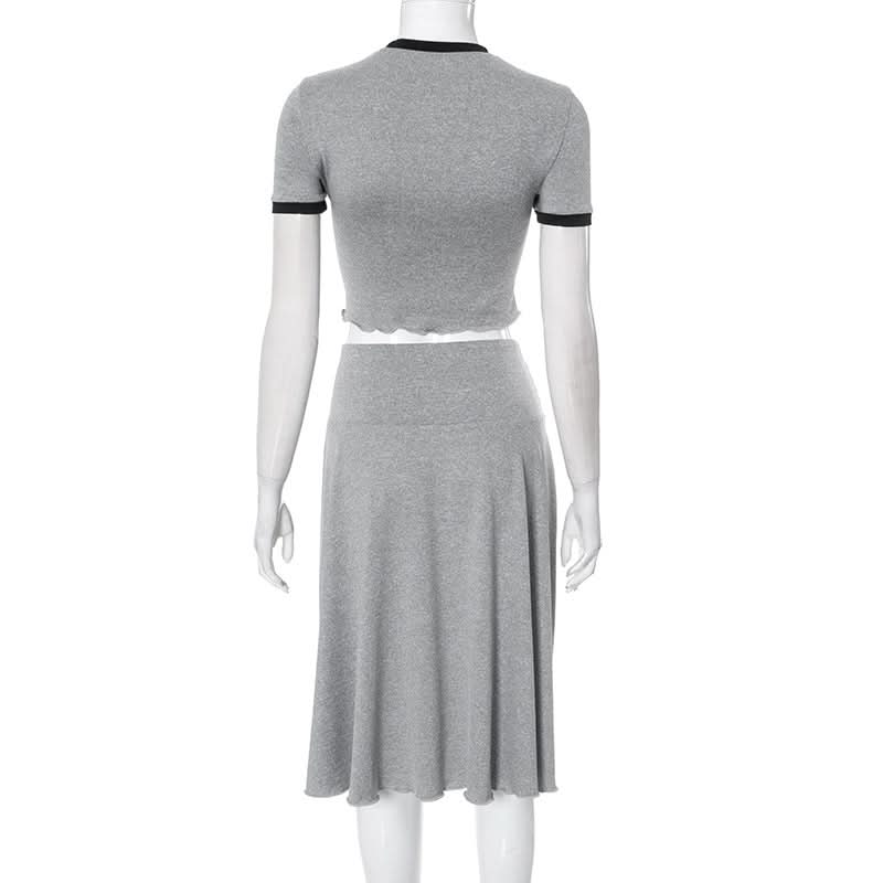 Crewneck short sleeve ruffle contrast midi skirt set