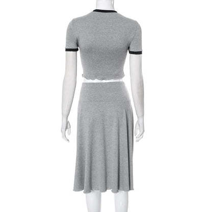 Crewneck short sleeve ruffle contrast midi skirt set