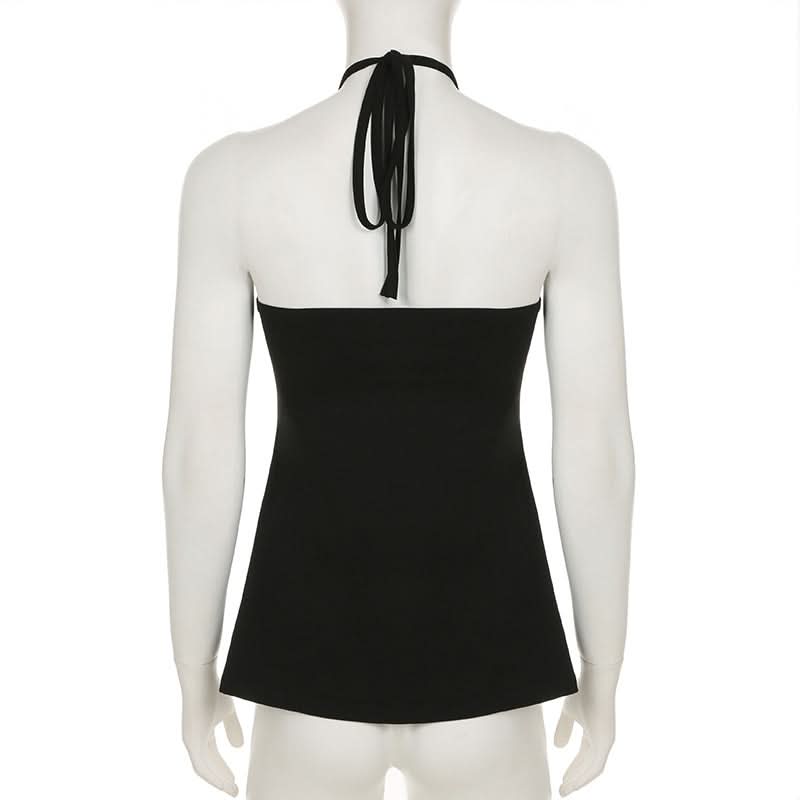 Hollow out halter self tie slit solid cut out top