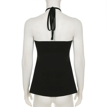 Hollow out halter self tie slit solid cut out top