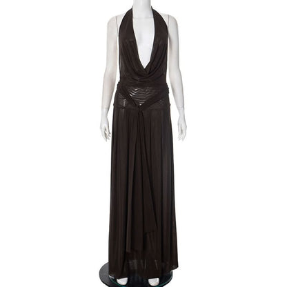 Halter cowl neck mesh pleated backless maxi dress