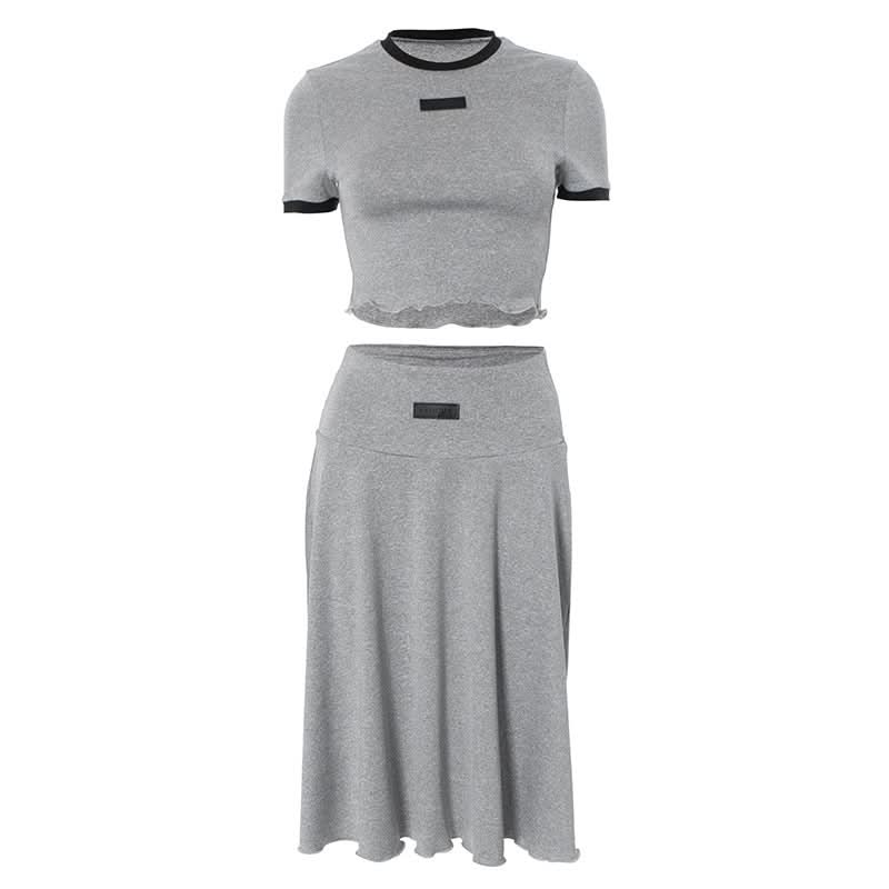 Crewneck short sleeve ruffle contrast midi skirt set