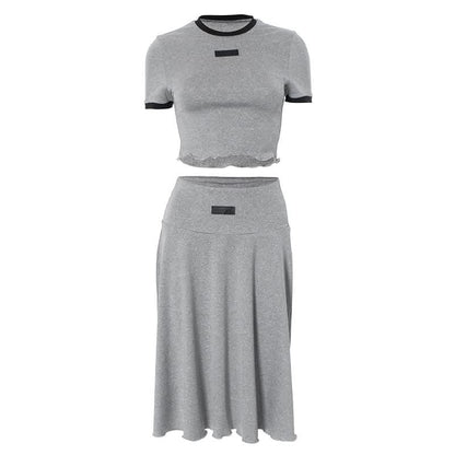 Crewneck short sleeve ruffle contrast midi skirt set