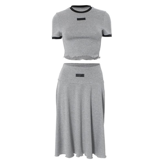 Crewneck short sleeve ruffle contrast midi skirt set