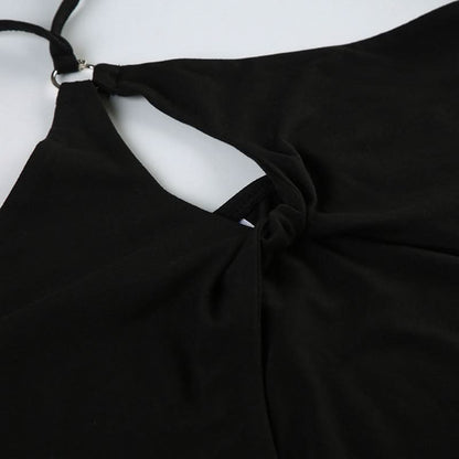 Hollow out halter self tie slit solid cut out top