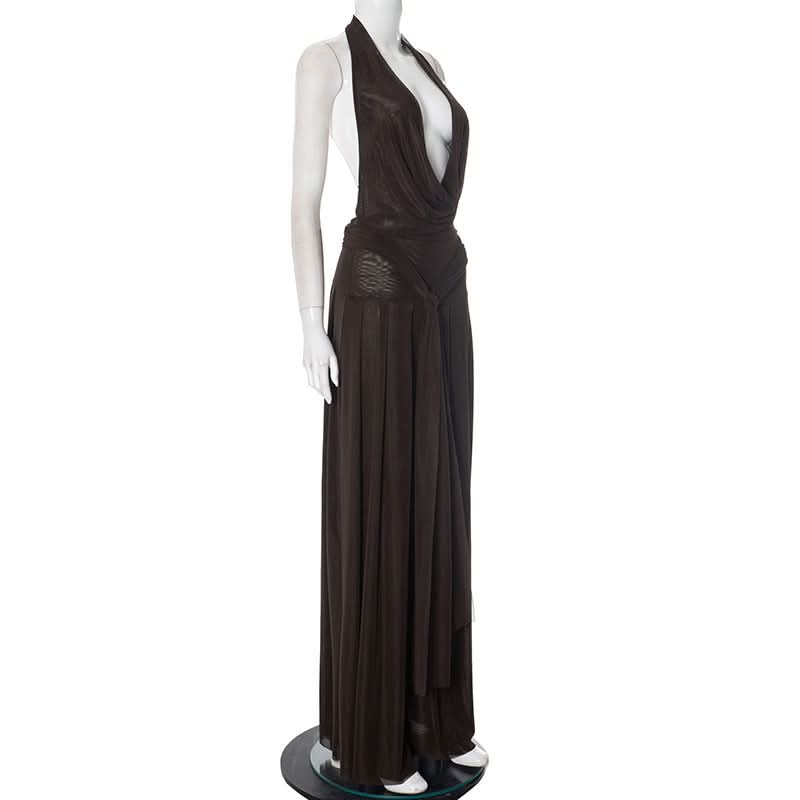 Halter cowl neck mesh pleated backless maxi dress