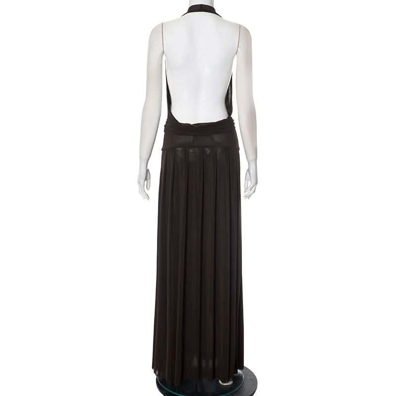 Halter cowl neck mesh pleated backless maxi dress