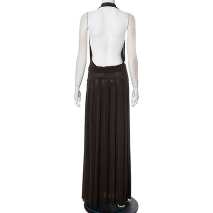 Halter cowl neck mesh pleated backless maxi dress