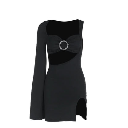 Long sleeve irregular slit hollow out cut out mini dress