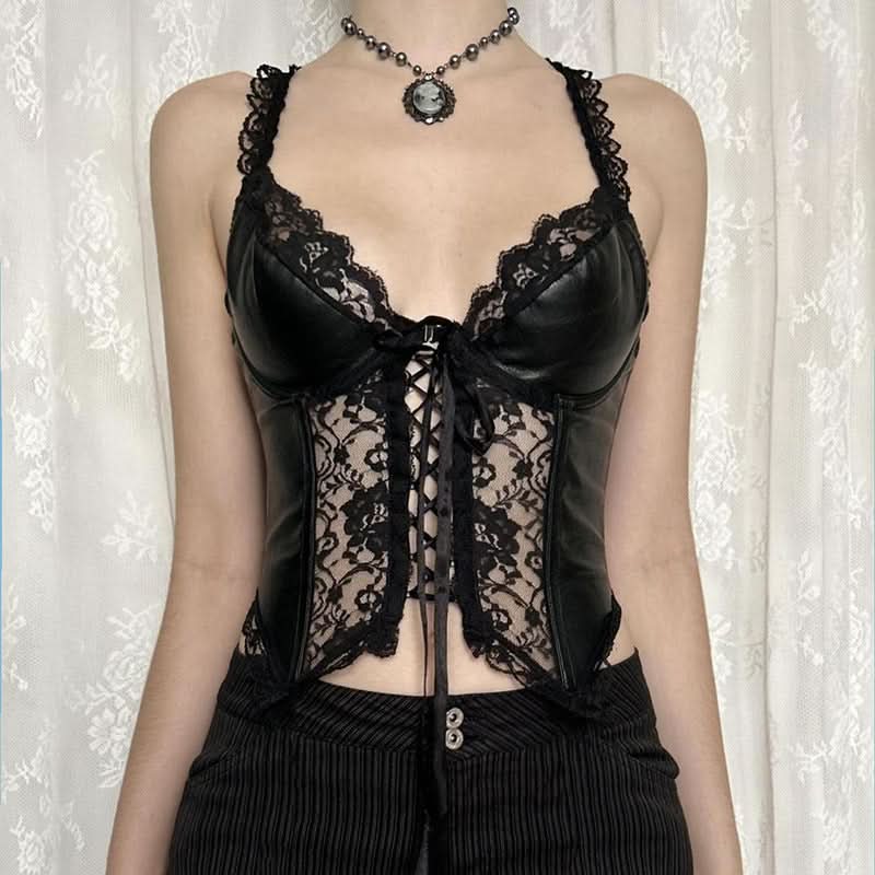 Lace hem v neck PU leather solid cami top