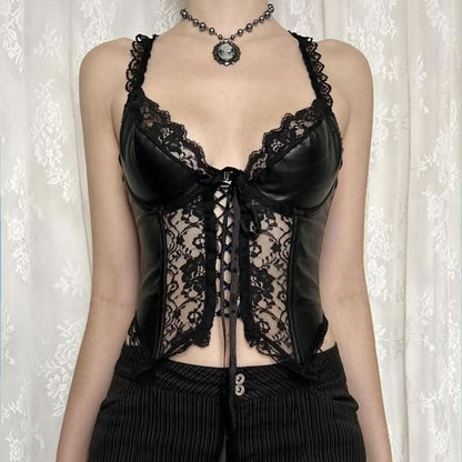 Lace hem v neck PU leather solid cami top