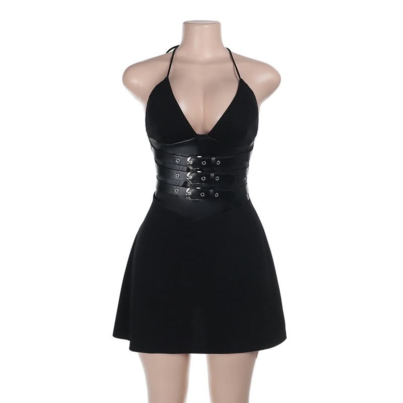 Self tie halter deep V neck buckle solid mini dress