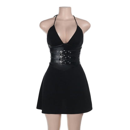 Self tie halter deep V neck buckle solid mini dress