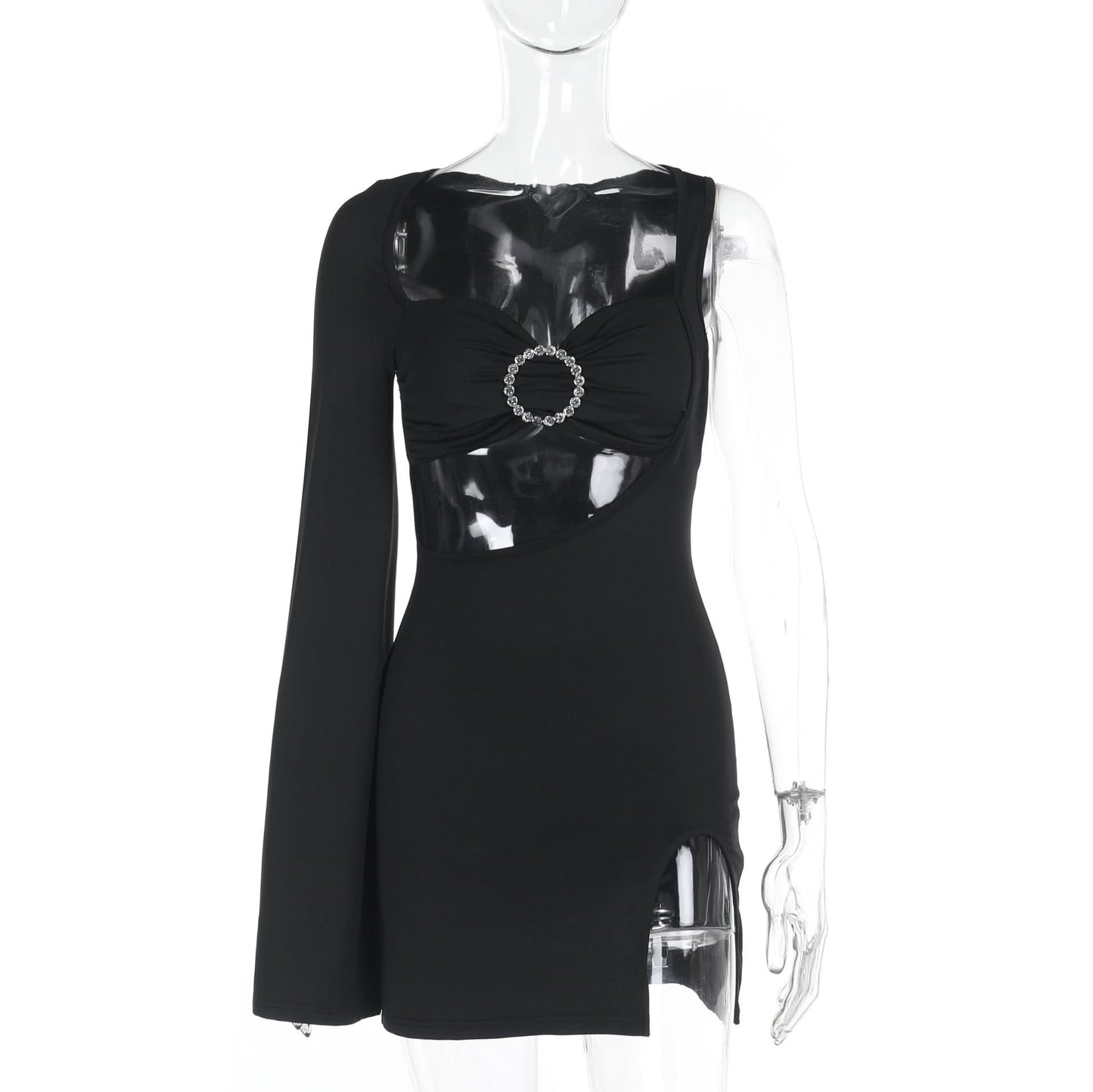 Long sleeve irregular slit hollow out cut out mini dress