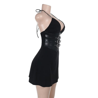 Self tie halter deep V neck buckle solid mini dress