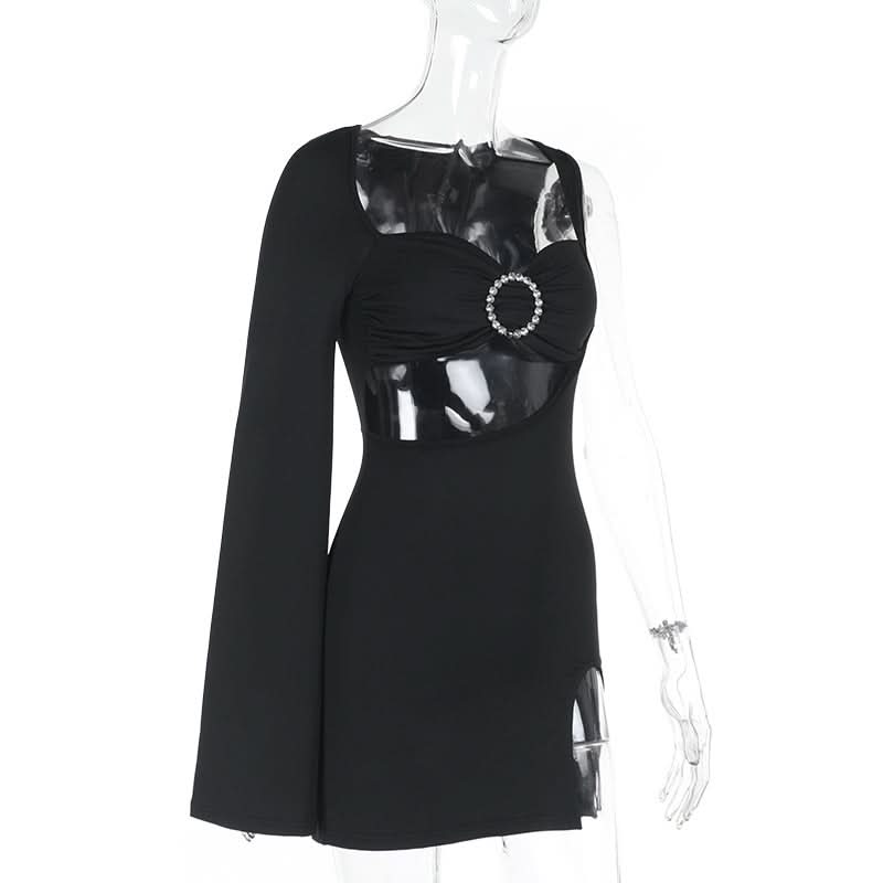 Long sleeve irregular slit hollow out cut out mini dress