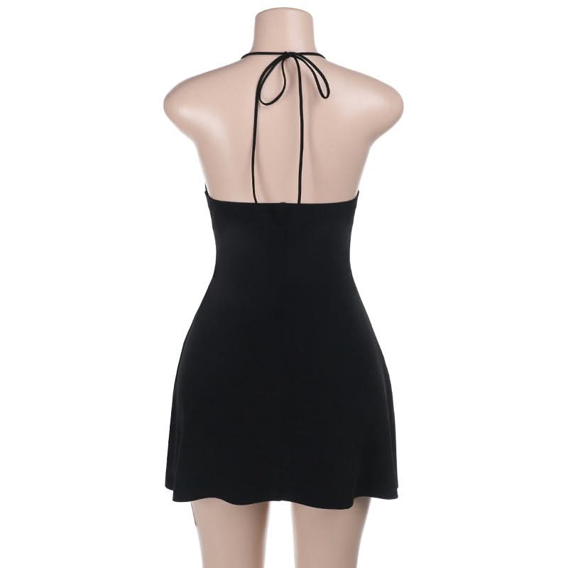 Self tie halter deep V neck buckle solid mini dress