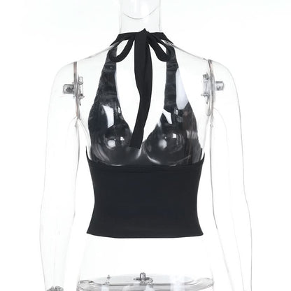 Halter self tie deep V neck backless top