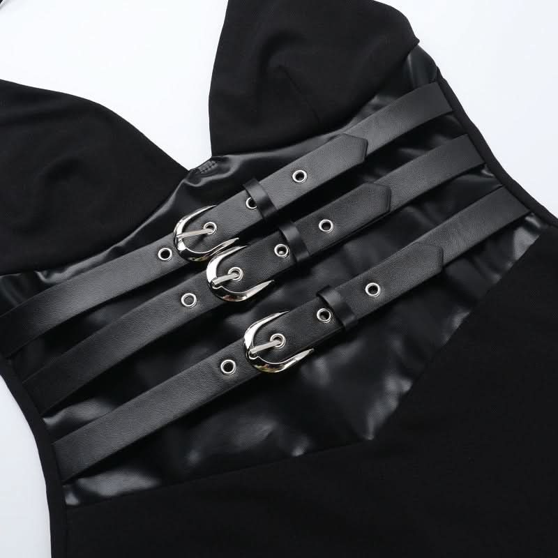 Self tie halter deep V neck buckle solid mini dress