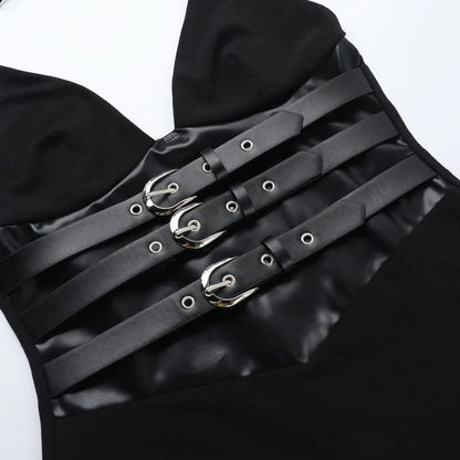 Self tie halter deep V neck buckle solid mini dress