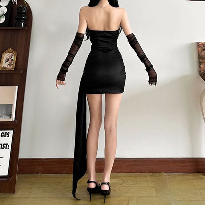 Ruched zip-up mesh corset irregular tube mini dress