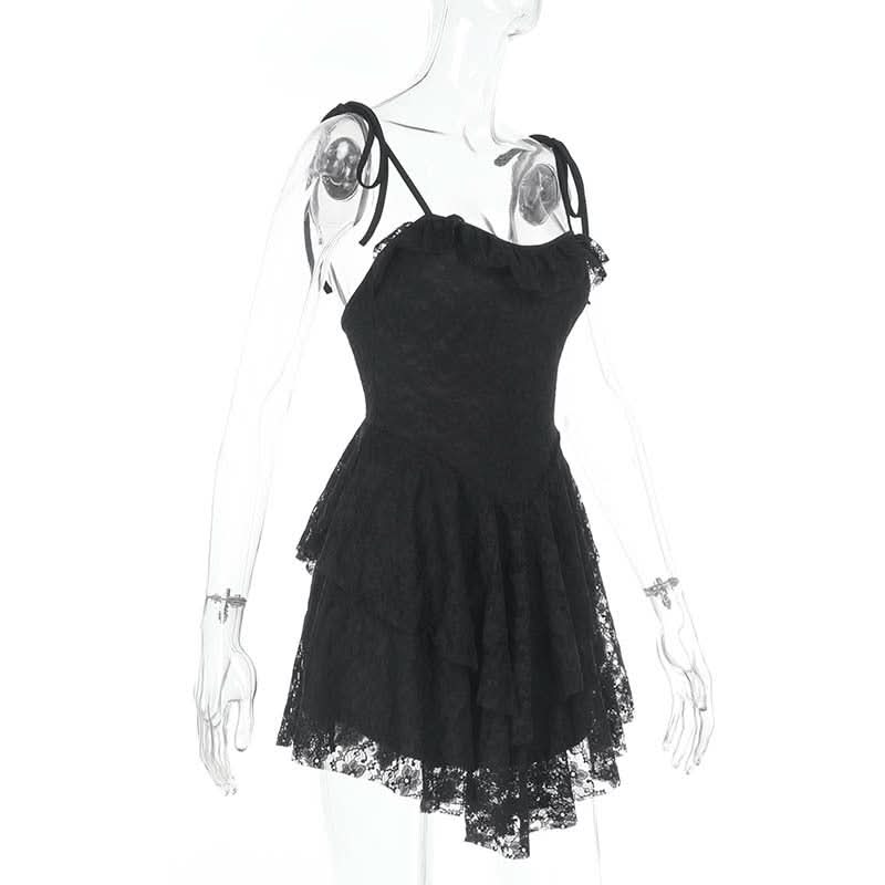 Lace hem ruched self tie backless cami mini dress