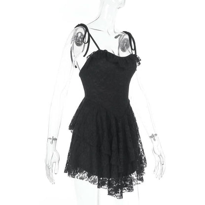 Lace hem ruched self tie backless cami mini dress