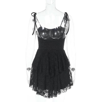 Lace hem ruched self tie backless cami mini dress
