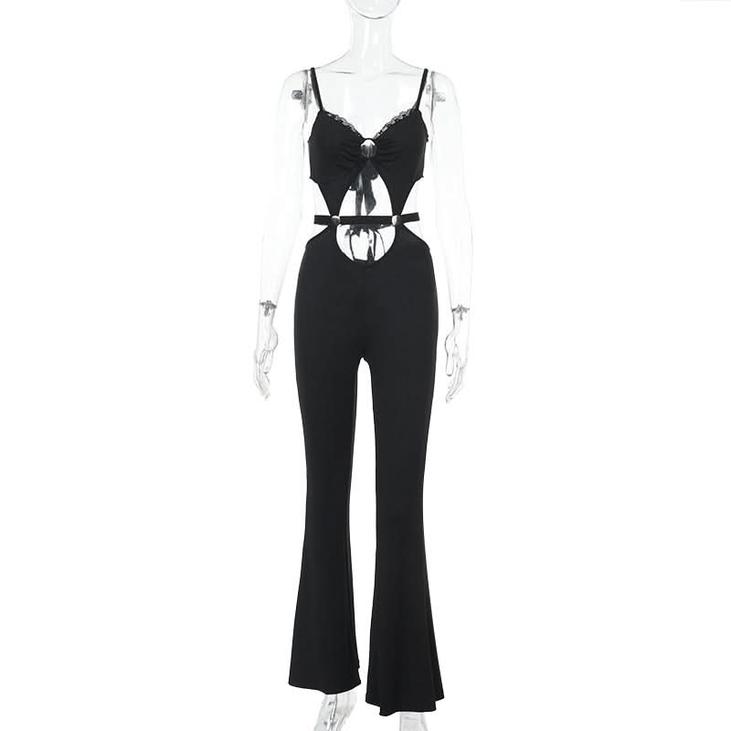Hollow out v neck lace hem o ring cami jumpsuit