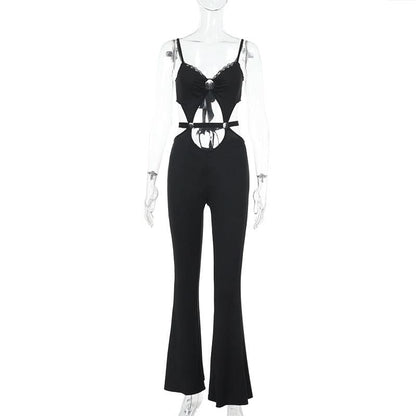 Hollow out v neck lace hem o ring cami jumpsuit