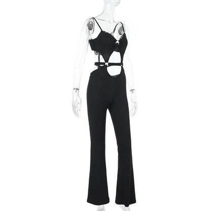 Hollow out v neck lace hem o ring cami jumpsuit