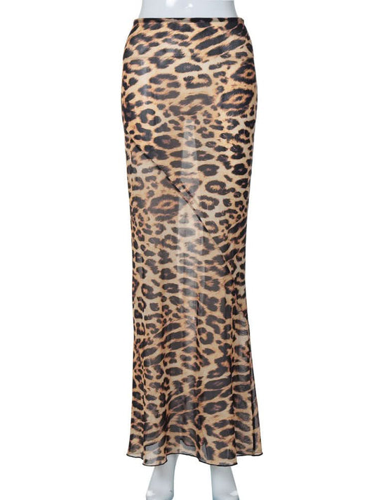 Leopard print chiffon see through maxi skirt