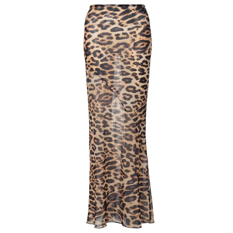 Leopard print chiffon see through maxi skirt