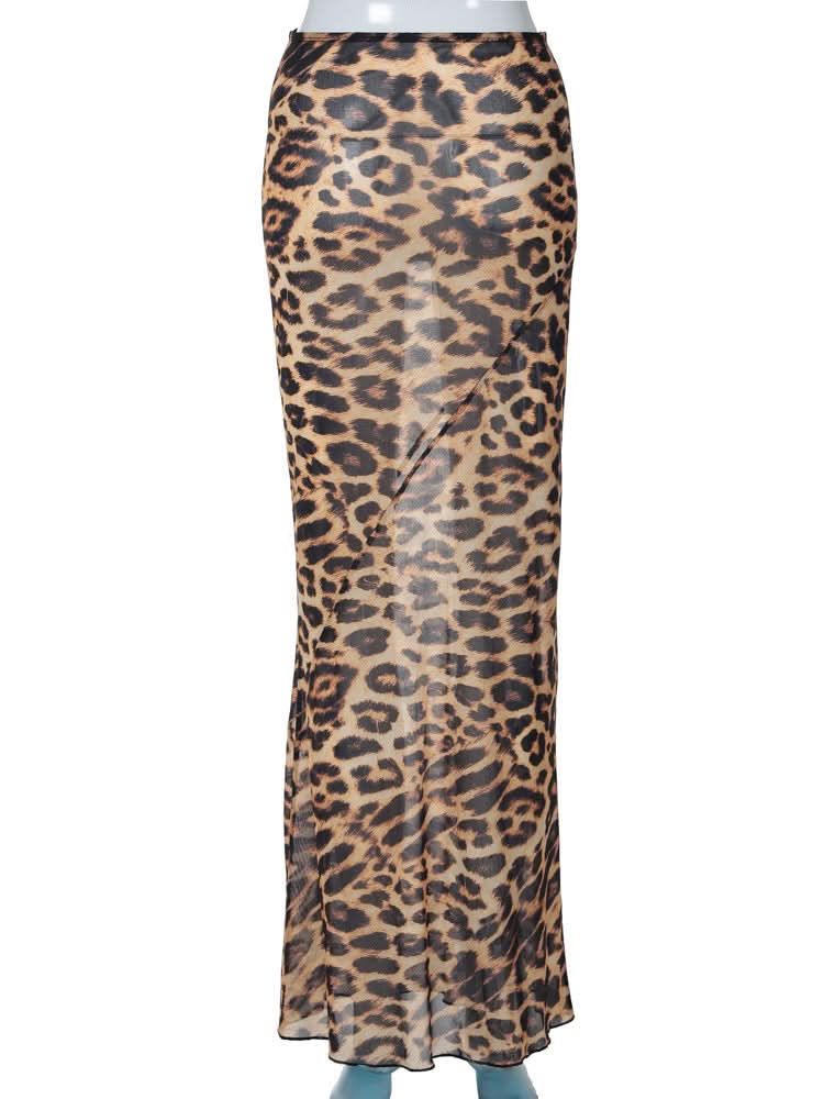 Leopard print chiffon see through maxi skirt