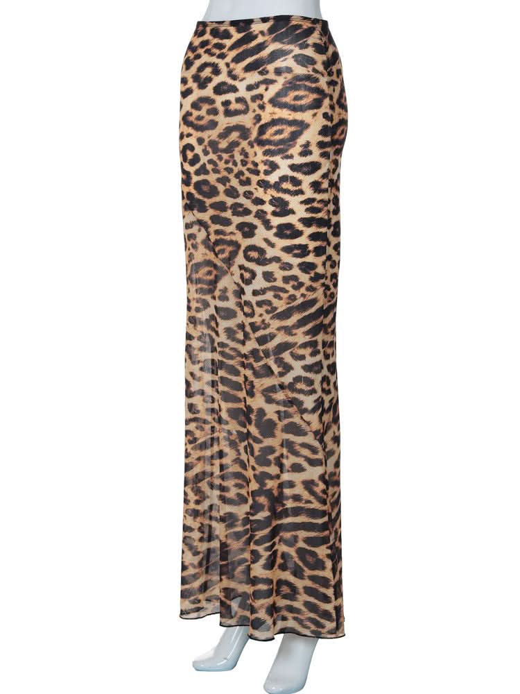 Leopard print chiffon see through maxi skirt
