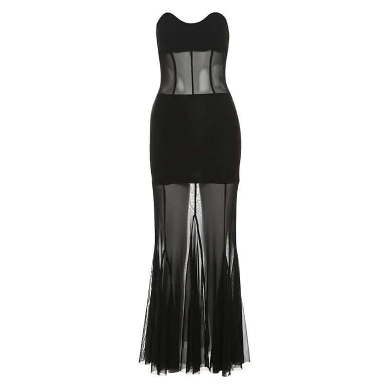 Mesh sweetheart neck solid tube maxi dress